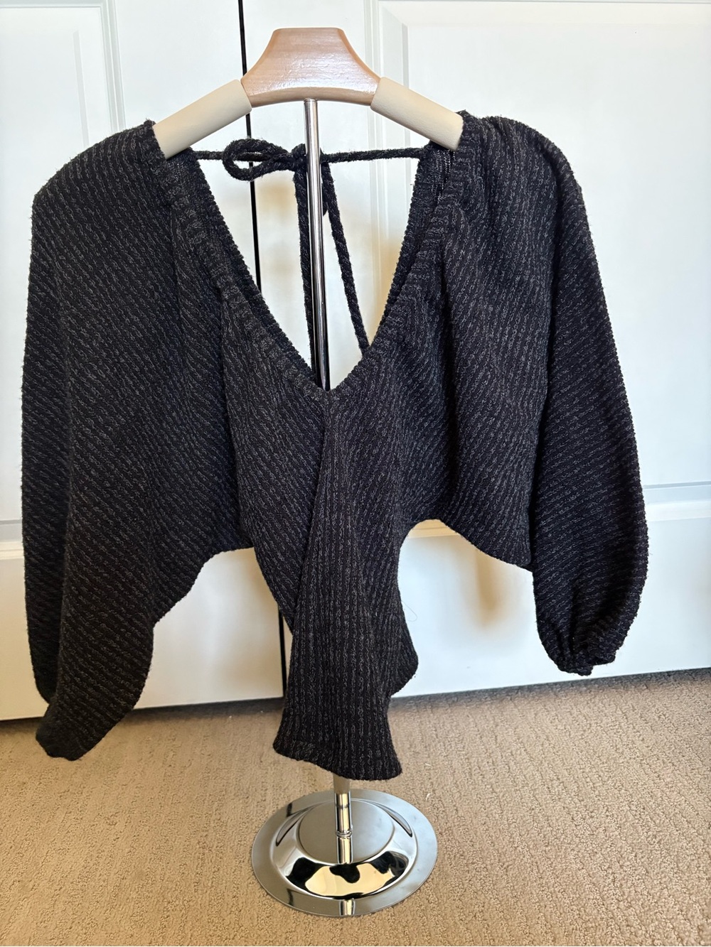 Women's Charcoal Tie-Back V-Neck Sweater